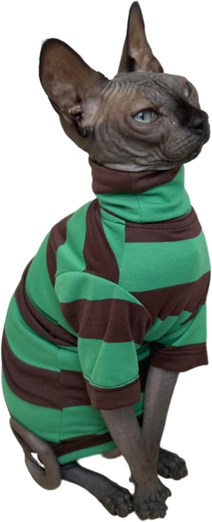Vintage Stripes Sphynx Hairless Cats Shirt Cotton Cat Turtleneck Pet Clothes Kitten T-Shirts with Sleeves for Sphynx Cats (Wide Green Brown Stripe, Small)