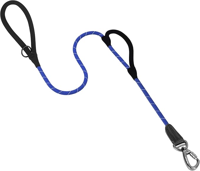 PetBonus Double Handle Rope Dog Leash, 5FT Heavy Duty Training Lead with Lockable Hook and 2 Comfortable Padded Handles, Reflective Walking Nylon Leash for Large Medium Dogs (55-200 lbs, Blue)