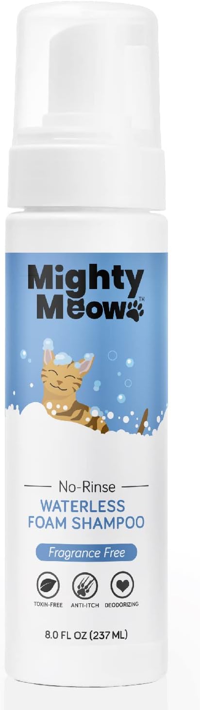 Mighty Meow Waterless Foam Shampoo for Cats - No Rinse, Dry Shampoo for Cats - Eliminates Odors - Gentle & Anti-Itch - Natural & Hypoallergenic Waterless Cat Shampoo – Fragrance Free - 8 fl oz