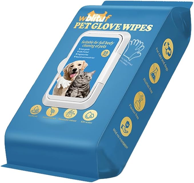 WBLITUF Pet CleaningGlove Wipes for Dogs & Cats, No-Rinse Grooming Wipes, Hypoallergenic Deodorizing Disposable Bathing Wipes,Extra Thick,Perfect for Pet Dry Cleaning,Daily Care and Travel,20 pcs