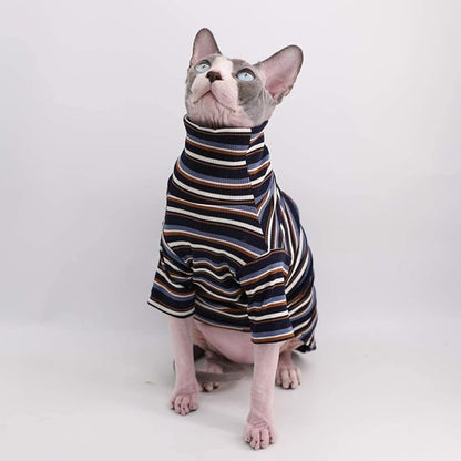 Turtle Neck Vintage Stripes Sphynx Hairless Cat Cotton T-Shirts Pet Clothes Vest Kitten Shirts Sleeveless, Cats & Small Dogs Apparel (Vintage Deep Blue, M (5-6.5 lbs))