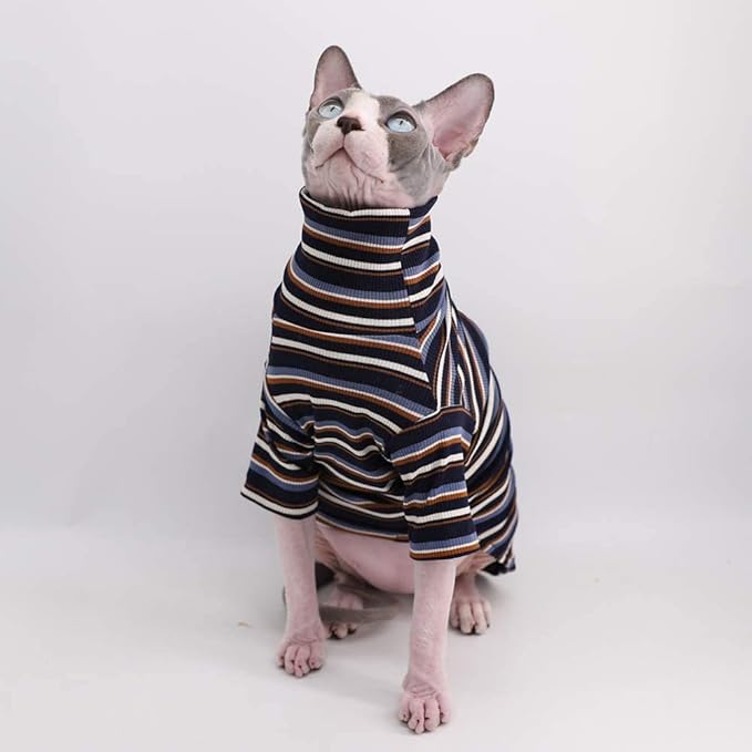 Turtle Neck Vintage Stripes Sphynx Hairless Cat Cotton T-Shirts Pet Clothes Vest Kitten Shirts Sleeveless, Cats & Small Dogs Apparel (Vintage Deep Blue, S (3.3-5 lbs))