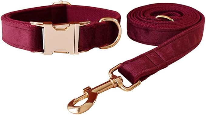 JAY D.L Dog Collar and Leash Set，Soft & Comfy Velvet Dog Collars with Heavy Duty Metal Buckle and Matching Lead Adjustable for Small Medium Large Dogs (Small, Wine Red)