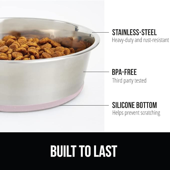 GORILLA GRIP Set of 2 Dog Bowls, Holds 8 Cups (64 fl oz), Heavy Duty Metal Food and Water Bowl for Feeding Dogs and Cats, Dishwasher Safe, Rust Resistant Stainless Steel, BPA Free Rubber Base, Lt Pink