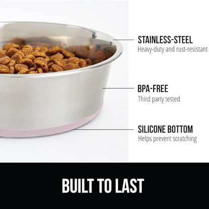 GORILLA GRIP Dog Bowls, Holds 4 Cups Each (32 fl oz), Heavy Duty Stainless Steel Food and Water Bowl for Feeding Dogs and Cats, Dishwasher Safe, Rust Resistant, BPA Free Rubber Base, Set of 2 Pink