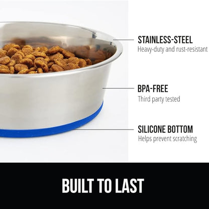 GORILLA GRIP Dog Bowls, Holds 2 Cups Each (16 fl oz), Heavy Duty Stainless Steel Food and Water Bowl for Feeding Dogs and Cats, Dishwasher Safe, Rust Resistant, BPA Free Rubber Base, Set of 2 Blue