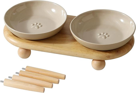 Havniva Raised Ceramic Wide Whisker Friendly Cat Dishes, Anti-Slip Food& Water Bowl with 2 Style Stand Adjustable Pet Bowl Set(2Dish+Stand, Vintage Latte)