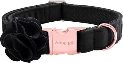 ARING PET Velvet Dog Collars, Black Soft Pet Collar with Detachable Felt Flower Metal Buckle for Puppy Small Medium Large Boy Girl Dogs-L
