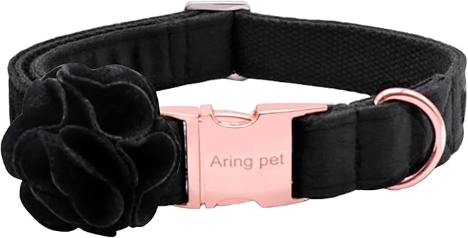ARING PET Velvet Dog Collars, Black Soft Pet Collar with Detachable Felt Flower Metal Buckle for Puppy Small Medium Large Boy Girl Dogs-M