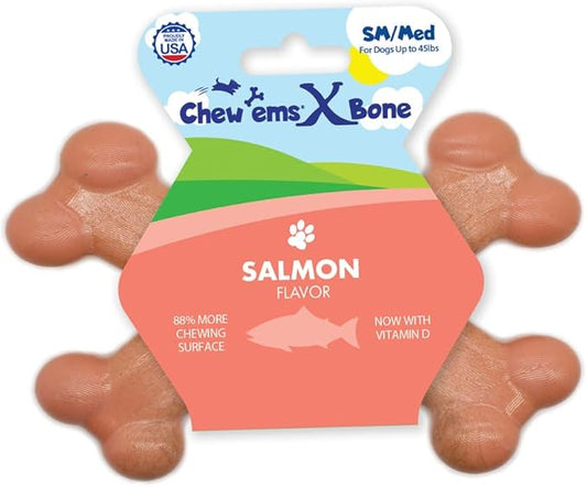 Chew’ems X Bone Dog Chew – Long-Lasting Salmon Flavor Treats for Aggressive Chewers – Rawhide-Free, Durable Dental Chews – Small Size