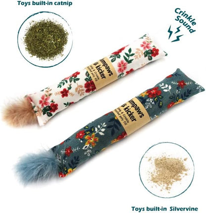 Jumpaws 2 Pack Natural Interactive Catnip & Silvervine Cat Kicker with Feathers, Bite Resistant Chew Toy, Crinkle Kicker, Accessories for Indoor Cat, Premium Corduroy Floral