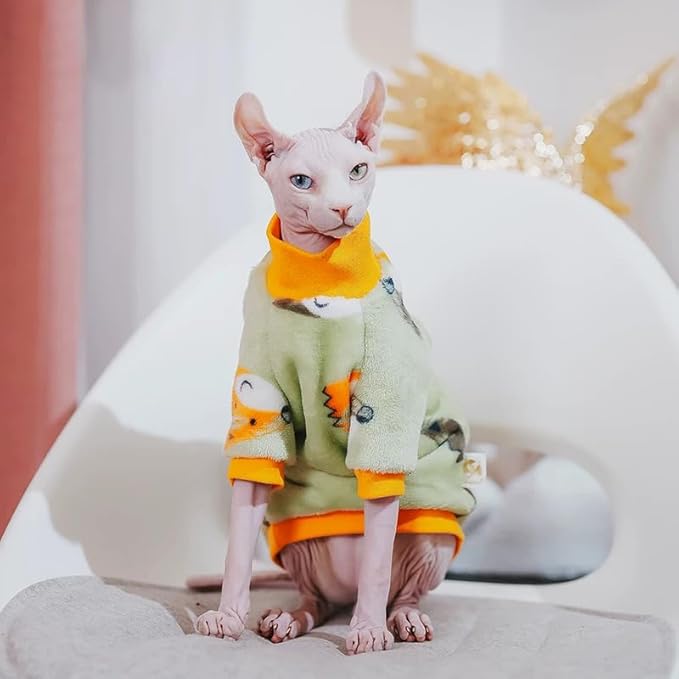 Sphynx Cat Warm Turtleneck Sweater, Thick Soft Double-Sided Fleece Clothes for Cats, Two-Legged Winter Onesie for Cats and Small Dogs,Pjs for Cats and Puppy (Fox, S (2-3.5lbs))
