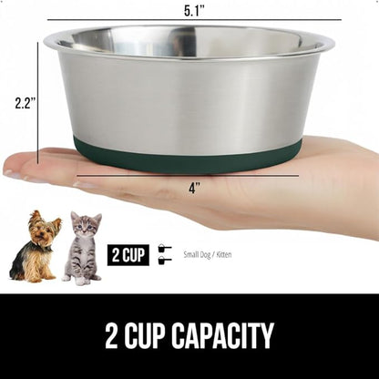 GORILLA GRIP Dog Bowls, Holds 2 Cups Each (16 fl oz), Heavy Duty Stainless Steel Food and Water Bowl for Feeding Dogs and Cats, Dishwasher Safe, Rust Resistant, BPA Free Rubber Base, Set of 2 Green