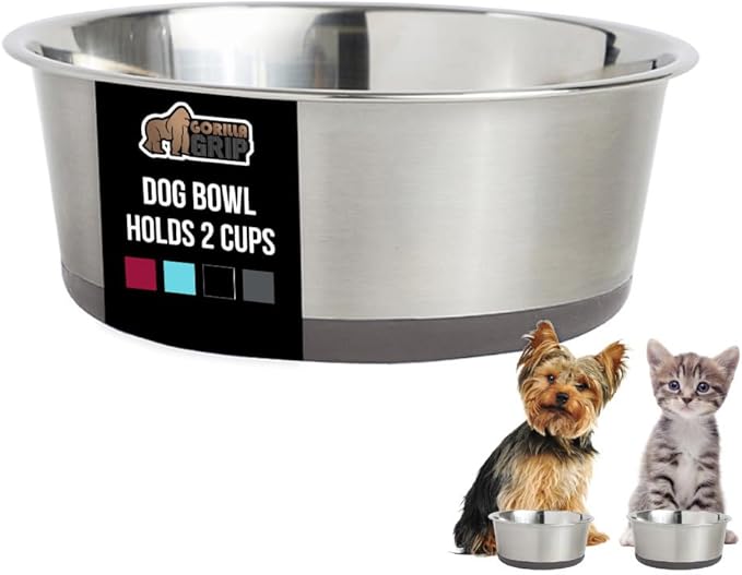 GORILLA GRIP Dog Bowl, Holds 2 Cups (16 fl oz), Heavy Duty Metal Food and Water Bowl for Feeding Dogs and Cats, Easy Clean, Dishwasher Safe, Rust Resistant Stainless Steel, BPA Free Rubber Base, Gray