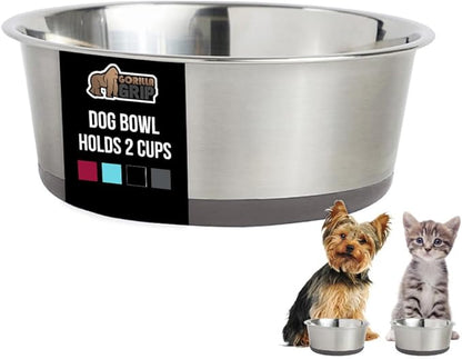 GORILLA GRIP Dog Bowls, Holds 2 Cups Each (16 fl oz), Heavy Duty Stainless Steel Food and Water Bowl for Feeding Dogs and Cats, Dishwasher Safe, Rust Resistant, BPA Free Rubber Base, Set of 2 Gray
