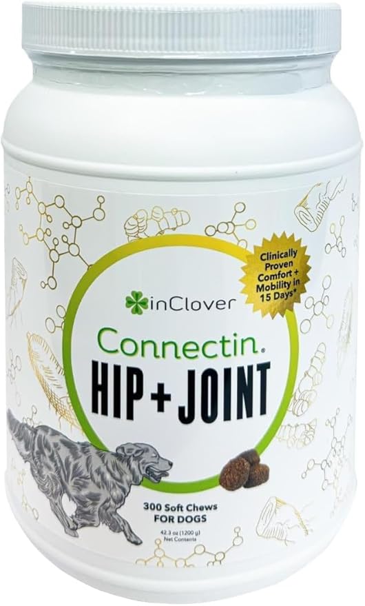 In Clover InClover Connectin Hip and Joint Supplement for Dogs. Combines Glucosamine, Chondroitin and Hyaluronic Acid with Herbs for Comfort and Mobility