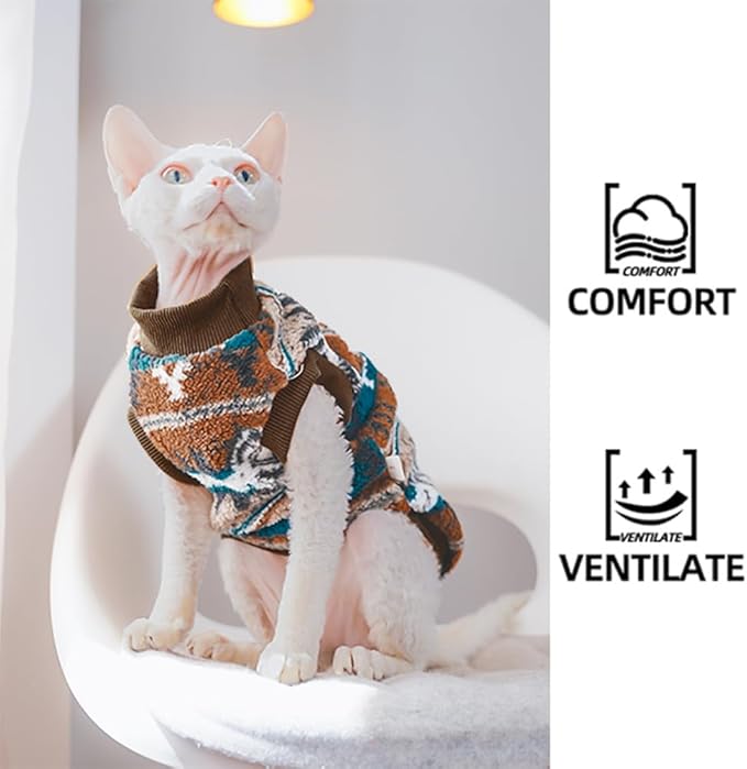 Snixfever Sphynx Cat Clothes,Boho Style Cat Clothes for Fall Winter, 2-Legged Fleece Lined Warm Shirt, Soft Plush Sweater for Hairless Cats Devon Rex (Brown, Medium (3.5-5 lbs))