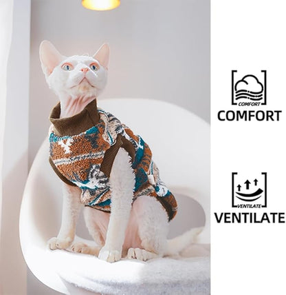 Snixfever Sphynx Cat Clothes,Boho Style Cat Clothes for Fall Winter, 2-Legged Fleece Lined Warm Shirt, Soft Plush Sweater for Hairless Cats Devon Rex (Brown, Small (2.5-3.5lbs))