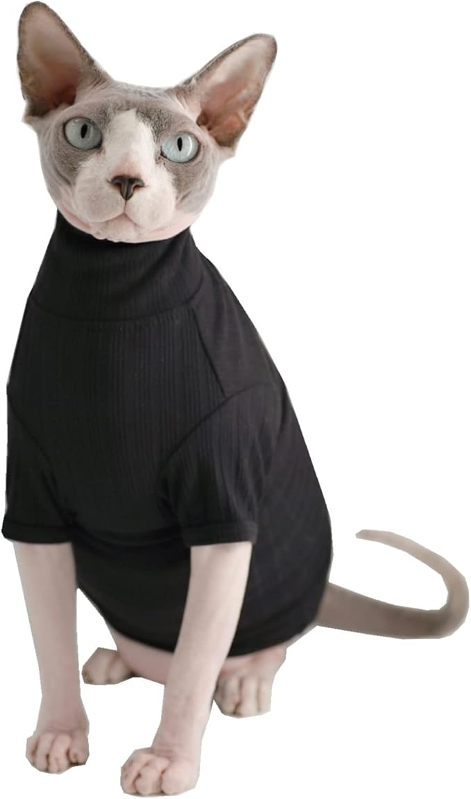 Sphynx Hairless Cats Shirt Cotton Cat Turtleneck Sweater Pullover Kitten T-Shirts with Sleeves Cat Pajamas Jumpsuit for Sphynx Cornish Rex, Devon Rex, Peterbald (Small (Pack of 1), Black)