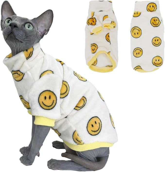 Thick Fleece Sphynx Cat Clothes, 2-Leg Winter Outfit with Smiley Face Print, Warm Flannel Shirt for Hairless Cats, Cat Cozy Cold Weather Clothing (Small (2.5-3.5lbs))