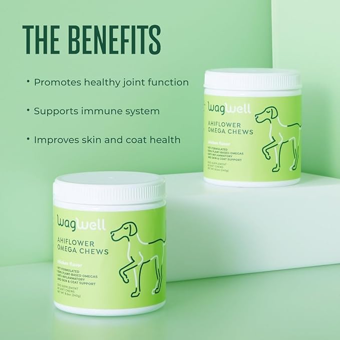 WagWell Ahiflower Omega Chews – Vet-Formulated, All Natural, Made in The USA – Skin, Coat, & Joint Chews for Dogs – Plant-Based Omega 3, 6 & 9 – Dog Fish Oil Alternative, Chicken-Flavored, 60 Chews