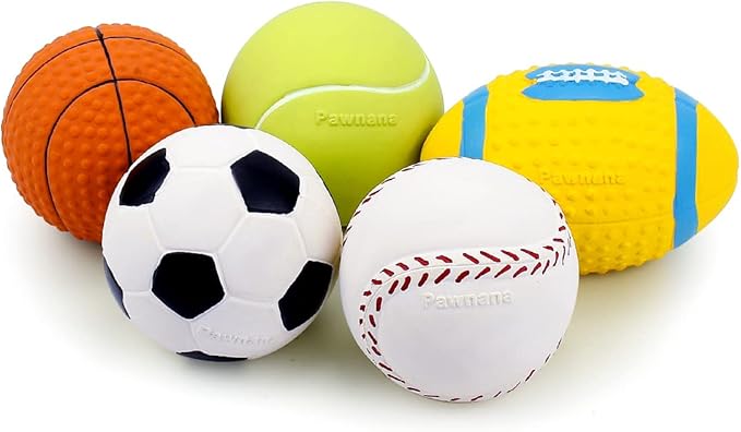 Pawdoer Squeaky Dog Ball, Soft Latex Rubber Squeaky Dog Toys for Small Dogs Puppies, Cute Squeak Toys Play Ball - Tennis, Soccer, Football, Basketball and Baseball