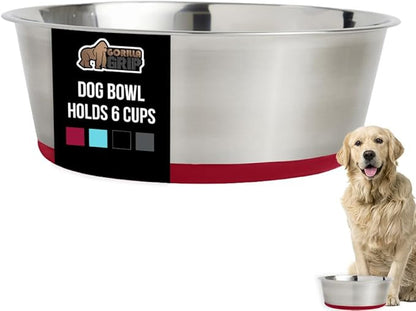 GORILLA GRIP Dog Bowl, Holds 6 Cups (48 fl oz), Heavy Duty Metal Food and Water Bowl for Feeding Dogs and Cats, Easy Clean, Dishwasher Safe, Rust Resistant Stainless Steel, BPA Free Rubber Base, Red