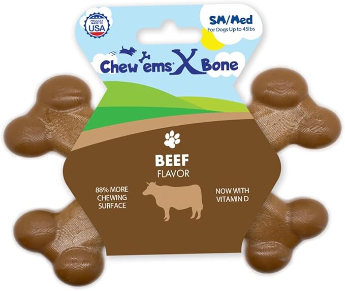 Chew’ems X Bone Dog Chew – Long-Lasting Beef Flavor Treats for Aggressive Chewers – Rawhide-Free, Durable Dental Chews – Small Size