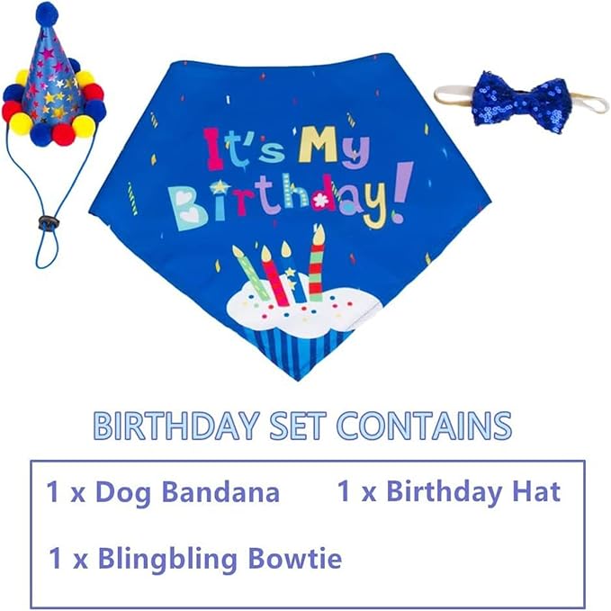 Pet Birthday Party Set,Dogs Bandana and Dog Birthday Hat with Star Pattern Design, Adjustable Sequin Bow tie Accessories, Blue Birthday Boy Scarf (Dark Blue)