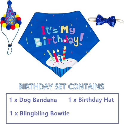 Pet Birthday Party Set,Dogs Bandana and Dog Birthday Hat with Star Pattern Design, Adjustable Sequin Bow tie Accessories, Blue Birthday Boy Scarf (Dark Blue)
