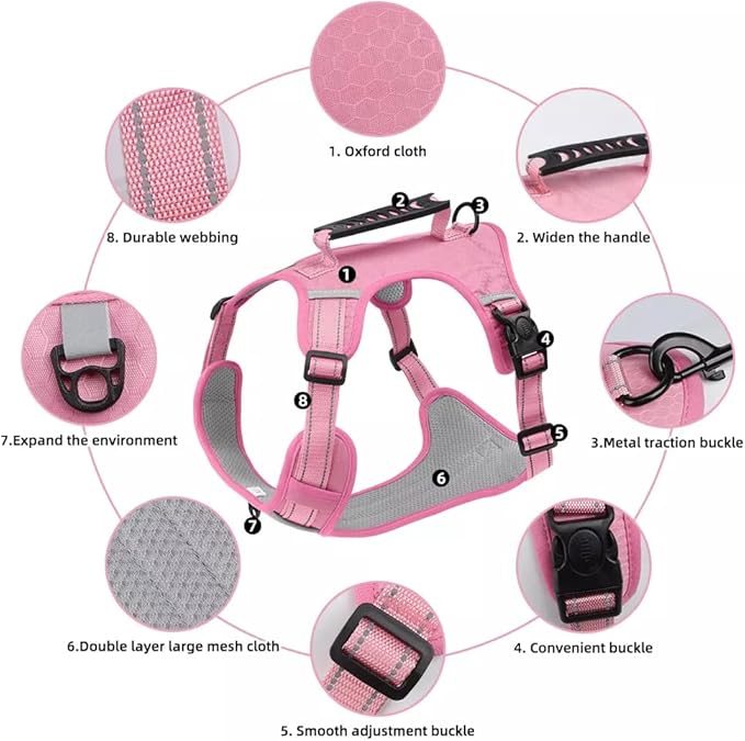 Dog Harness No Pull Adjustable Reflective,for Medium and Large Small Dog with Leash 59.06in (Pink, S)