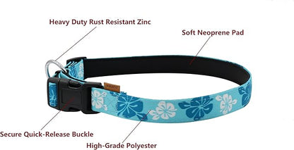 Dog Collar, Cute Floral Pattern, Neoprene Padded and Adjustable Collar with Quick Release Buckle, Reinforced Structure (L (Neck 18-28", Width 1"), Hawaiian Blue)