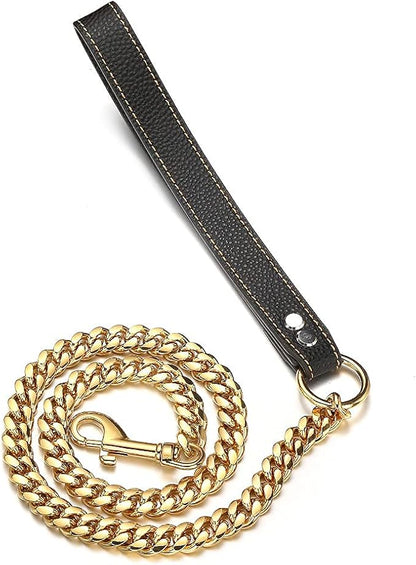 3FT/4FT/5FT Heavy Duty Gold Dog Chain Leash 14MM Stainless Steel Miami Cuban Link Chain with Durable Genuine Leather Handle for Training Walking(14mm,4ft)…