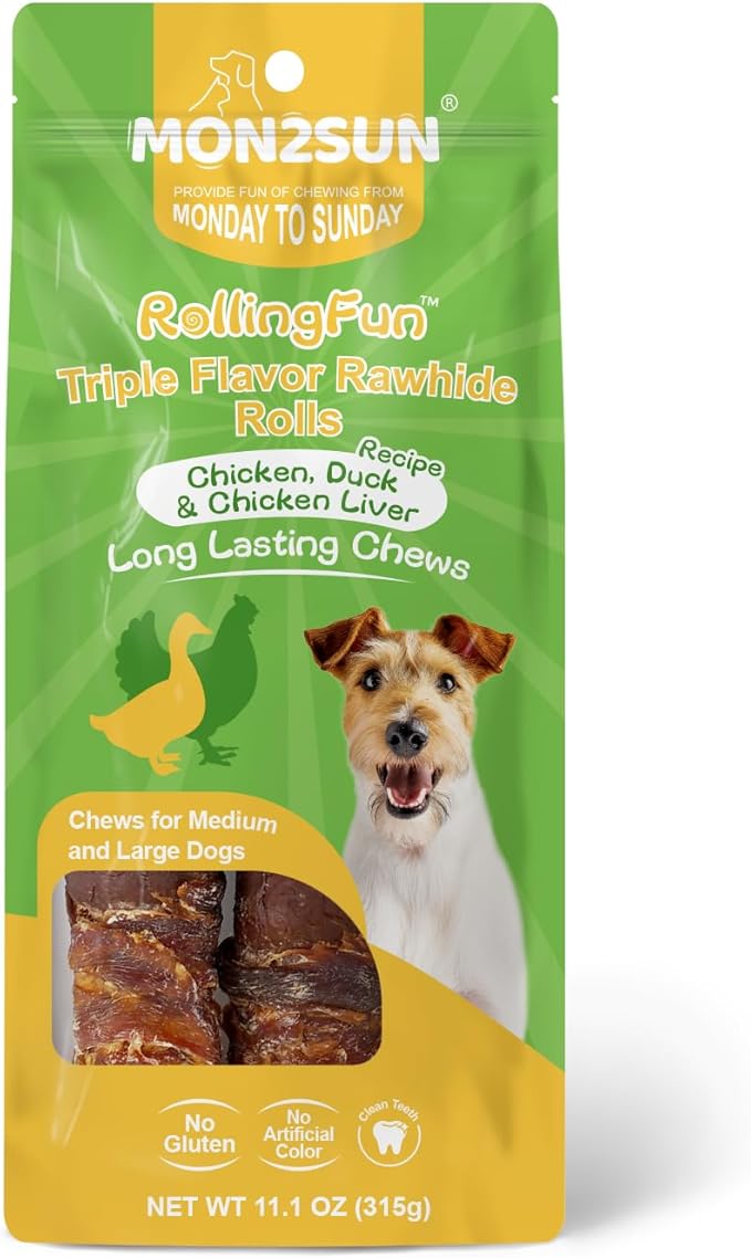 MON2SUN Dog Treats Triple Flavor 9 Inch Chicken Liver Duck and Chicken Wrapped Rawhide Rolls, Teeth Cleaning and Long Lasting Chews for Medium and Large Dogs, 11.1 oz(2 Count)