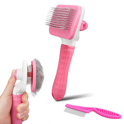 PWOD Dog & Cat Brush Kit 2PCS, Self Cleaning Slicker Brush for Pets, Upgraded Dog Brush for Shedding Massaging and Grooming, Removes Loose Undercoat & Portable Comb for Long Short Haired Dogs(Pink)