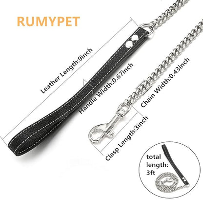 3FT/4FT/5FT Heavy Duty Silver Dog Chain Leash 10MM Stainless Steel Miami Cuban Link Chain with Durable Genuine Leather Handle for Training Walking(10mm,3ft)…