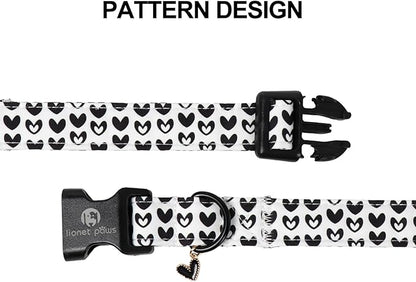 Lionet Paws Valentine's Day Dog Collars - Black Hearts White Dogs Collar with Plastic Buckle andHeart Pendant,Dog Collar for Medium Dogs