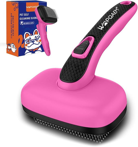 WOPQAEM Self Cleaning Slicker Brush for Dog, Cat, Skin Friendly Shedding & Grooming Tool for Long and Short Haired Pets, Easy Clean Retractable Bristles, Pink