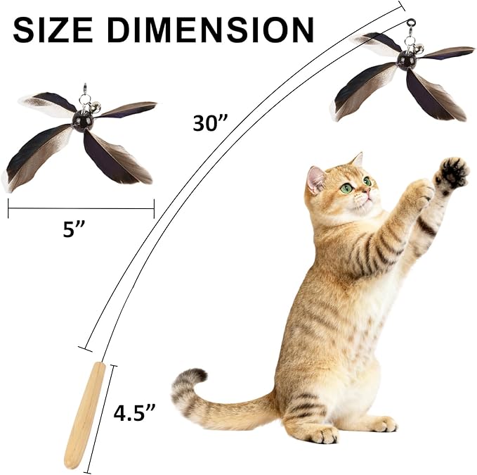 ottmat Cat Wand Toys Interactive for Indoor Cats, 4PC 4-Blade Feather Propeller Refills, 1PC Cat Wand 30'' Flexible Steel Wire Cat Teaser with Sturdy Wood Handle for Kittens & Adult Cats(Classic)
