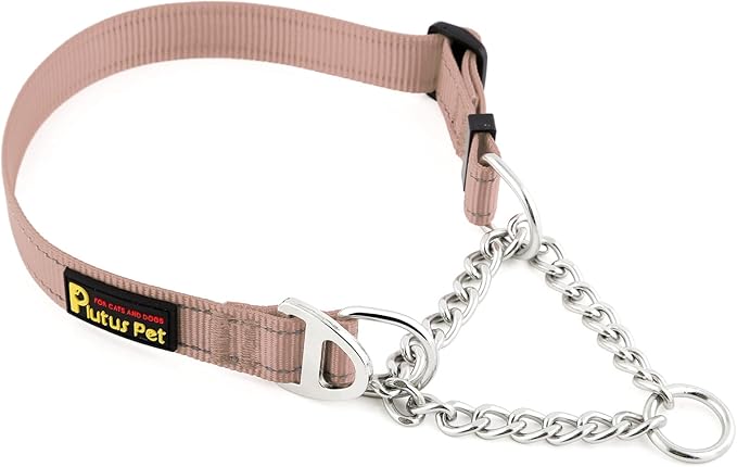 Plutus Pet Martingale Dog Collar with Stainless Steel Chain and Reflective Nylon, Adjustable No Pull Training Collar, for Small Medium, and Large Dogs, Beige, M