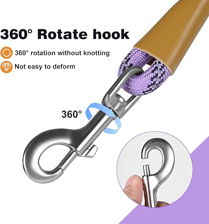 lynxking Rope Dog Leash 6 FT with Comfortable Padded Handle, Highly Reflective Threads Leash for Small Medium Large Dogs (Light Purple, Large 1/2in x 6ft-Rope Clasp)