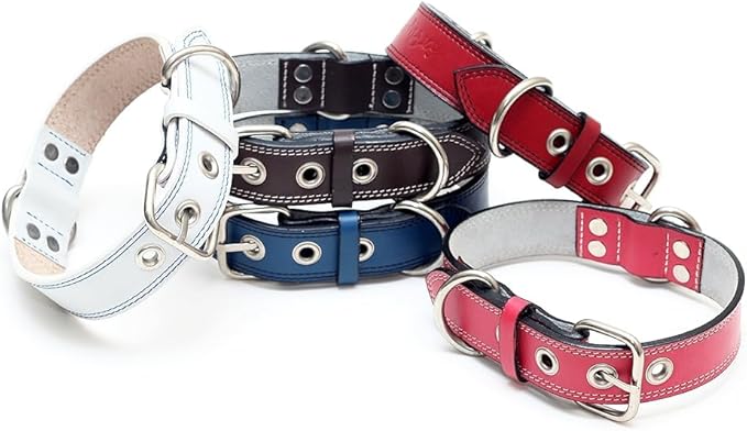 Genuine Leather Dog Collars with Stainless Steel Buckle and Double D Rings – (12"-15", Tan)