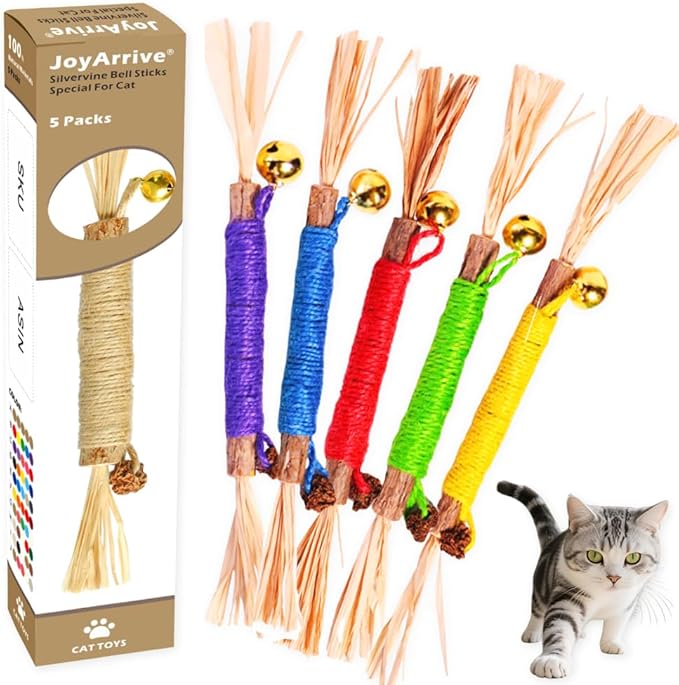 JoyArrive Natural Dried Matatabi Cat Chew Stick with Gall Fruit, Raffia Grass & Bell Cat Ball Toys, Handmade Silvervine Sticks Interactive Catnip Toy for Teething & Entertainment (Size M Color B)