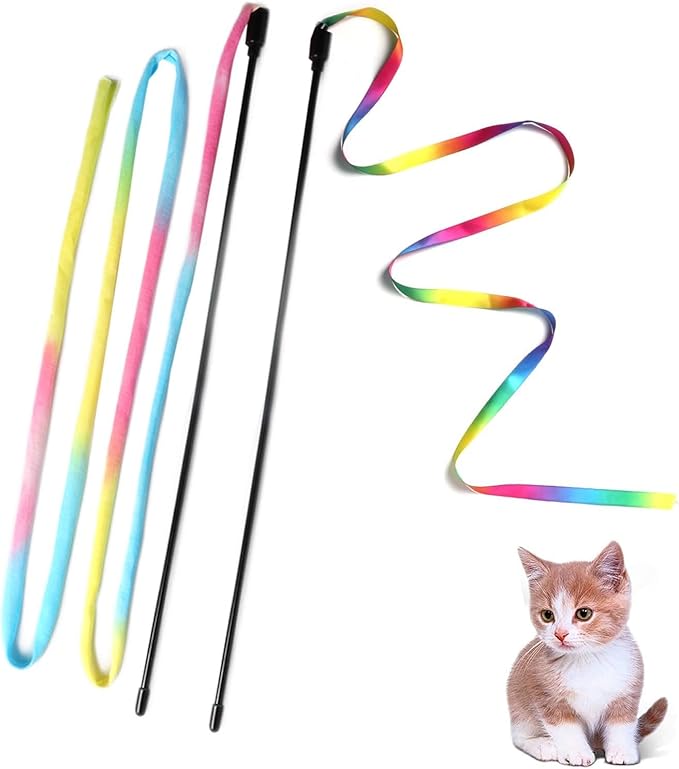 M JJYPET Cat Wand Toys Interactive Kitten Toys for Indoor Cats Colorful Teaser Wand String for Exercise Kitten Stick Kitty Rope Toy Rainbow Ribbon Cat Charmer -2Pcs