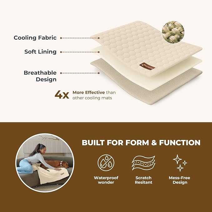 Pelsbarn Dog Cooling Mat- Ice Silk Summer Comfort, Self Cooling, Non-Slip Dog Pad, Durable & Washable, Mat for Extra Large Dogs 33"" x 45"", Support Shelter Dogs with Every Purchase (Beige)