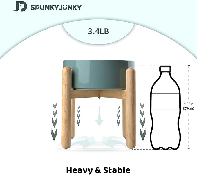 SPUNKYJUNKY Elevated Ceramic Dog Food and Water Bowl with Wooden Stand for Medium and Large Dogs (Single 60OZ, Dark Green)
