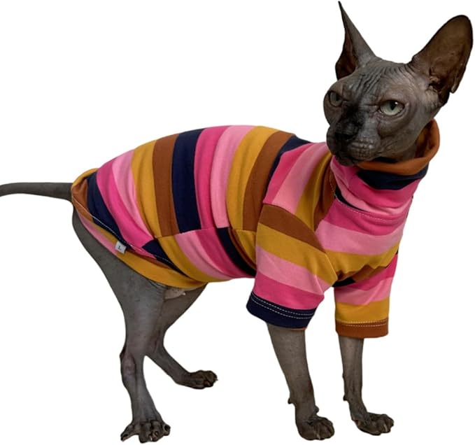 Vintage Stripes Sphynx Hairless Cats Shirt Cotton Cat Turtleneck Pet Clothes Kitten T-Shirts with Sleeves for Sphynx Cornish Rex, Devon Rex, Peterbald (Moning Glory, Medium (Pack of 1))