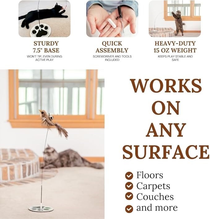 GADGETSOLOGY Cat Toys for Bored Indoor Adult Cats Any Surface Base Wand Stimulation Toys for Indoor Cats Cat Feather Toy Cat Feather Cat Toy Wand Juguetes para Gatos Activos Juegos para Gatos