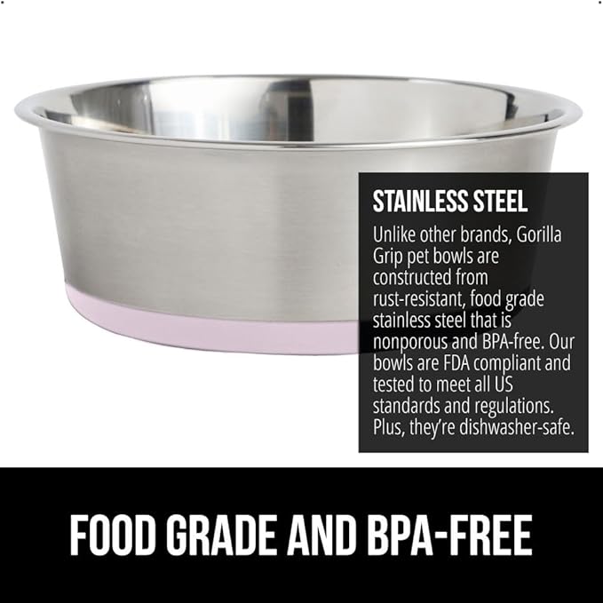 GORILLA GRIP Set of 2 Dog Bowls, Holds 8 Cups (64 fl oz), Heavy Duty Metal Food and Water Bowl for Feeding Dogs and Cats, Dishwasher Safe, Rust Resistant Stainless Steel, BPA Free Rubber Base, Lt Pink