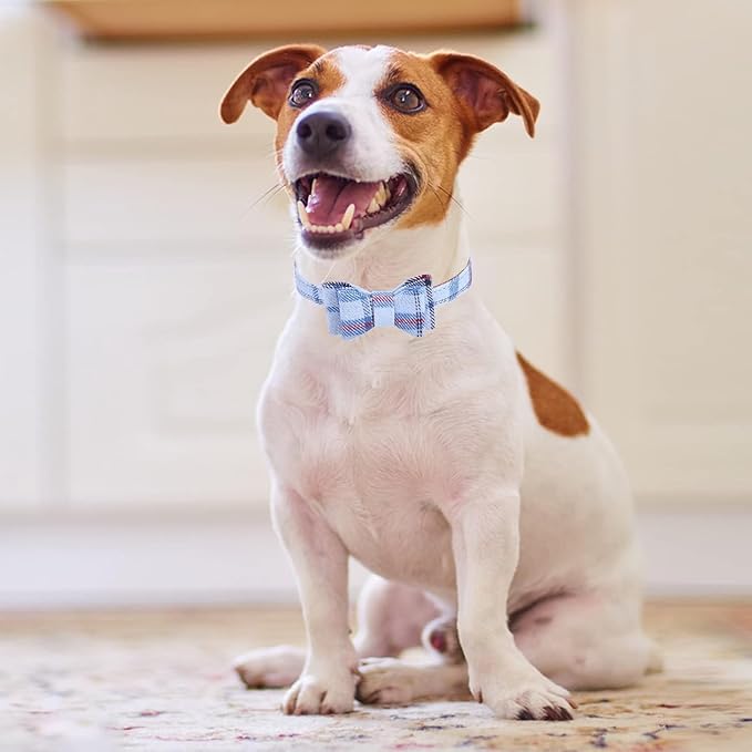 KOOLTAIL Small Dog Collar and Leash Set with Bowtie and Bells - Cute Puppy Bandana Collar and Leash for Male with Classic Plaid Pattern, Soft Leather Tangle Free Leashes for Small Dogs Boys Girls,Blue